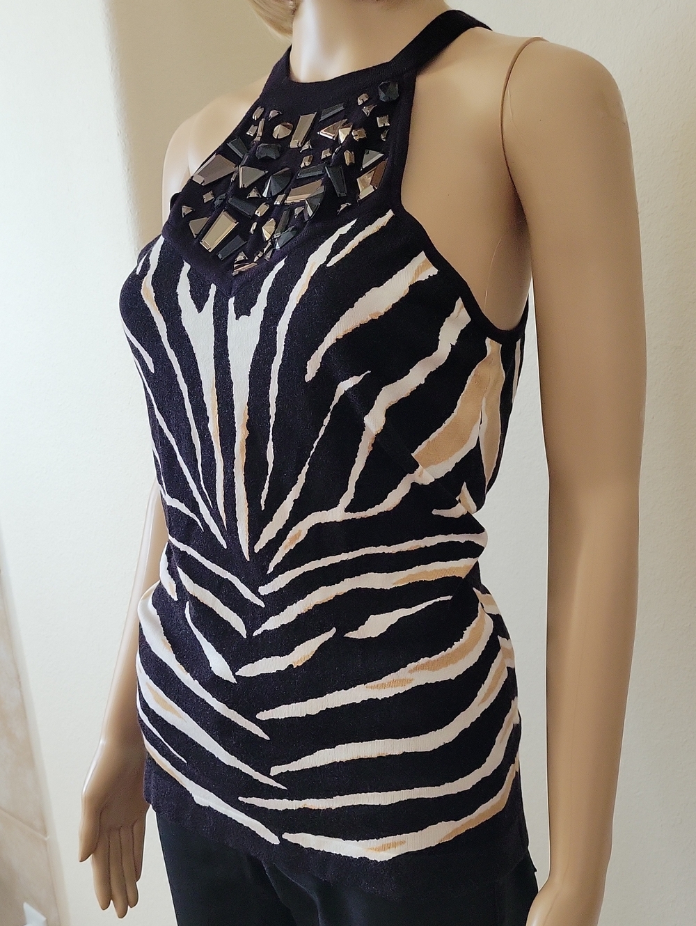 Caché Halter Top, Gemstone-embellished Jewel Neckline, Zebra Print, M, VGUC